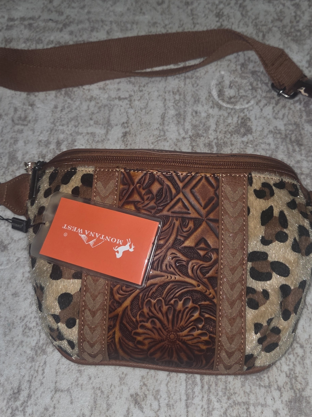 Montana West Brown Tooled Leather & Leopard Crossbody Bag